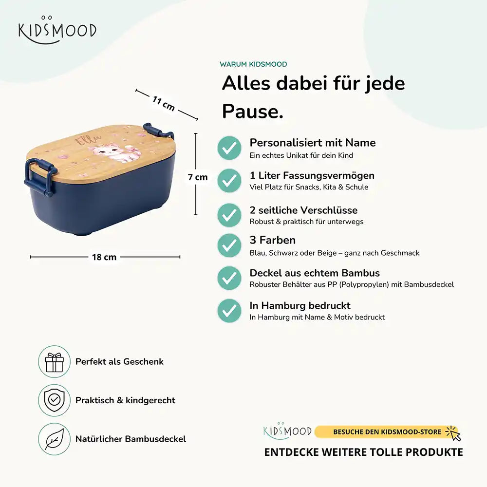 Brotdose Kinder personalisiert Katze mit Krone, Bambusdeckel mit Wunschname Detail
