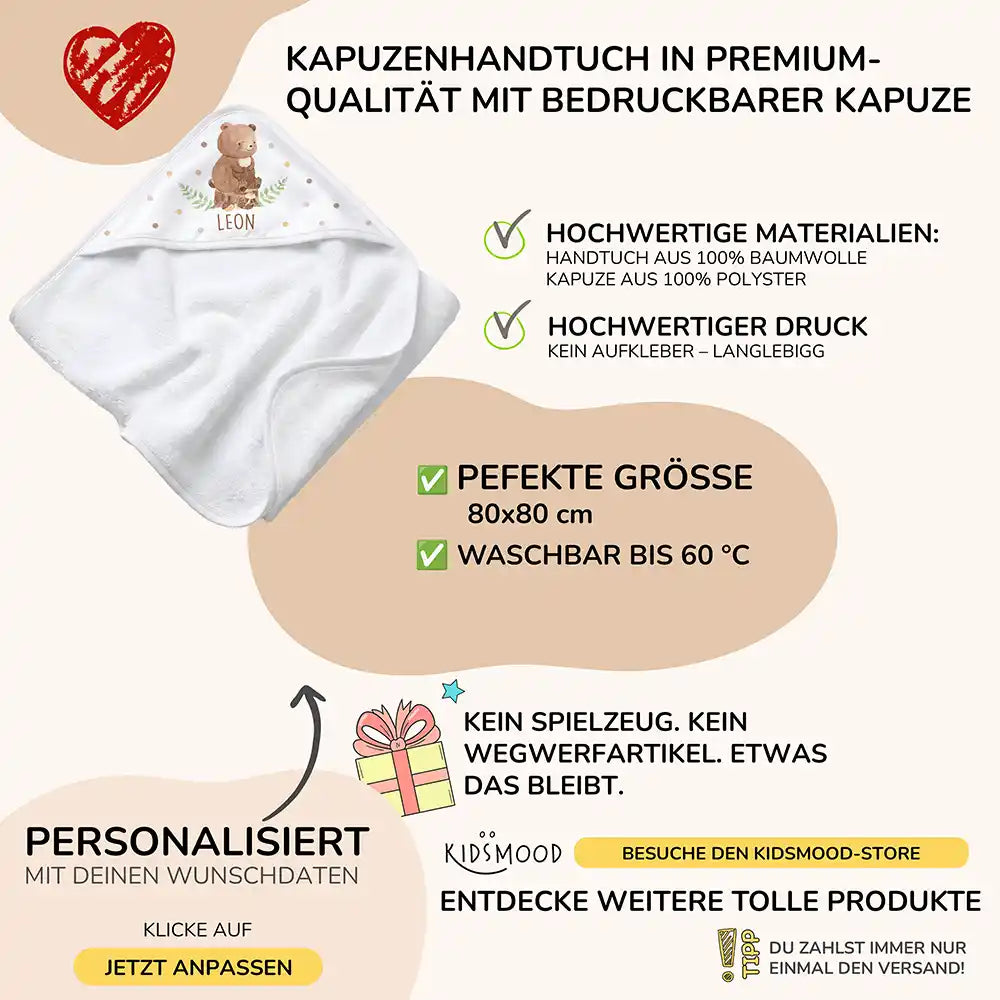 Personalisiertes Kapuzenhandtuch Baby BĂ€r Farn â Boho-Flatlay mit Palmblatt-Akzent