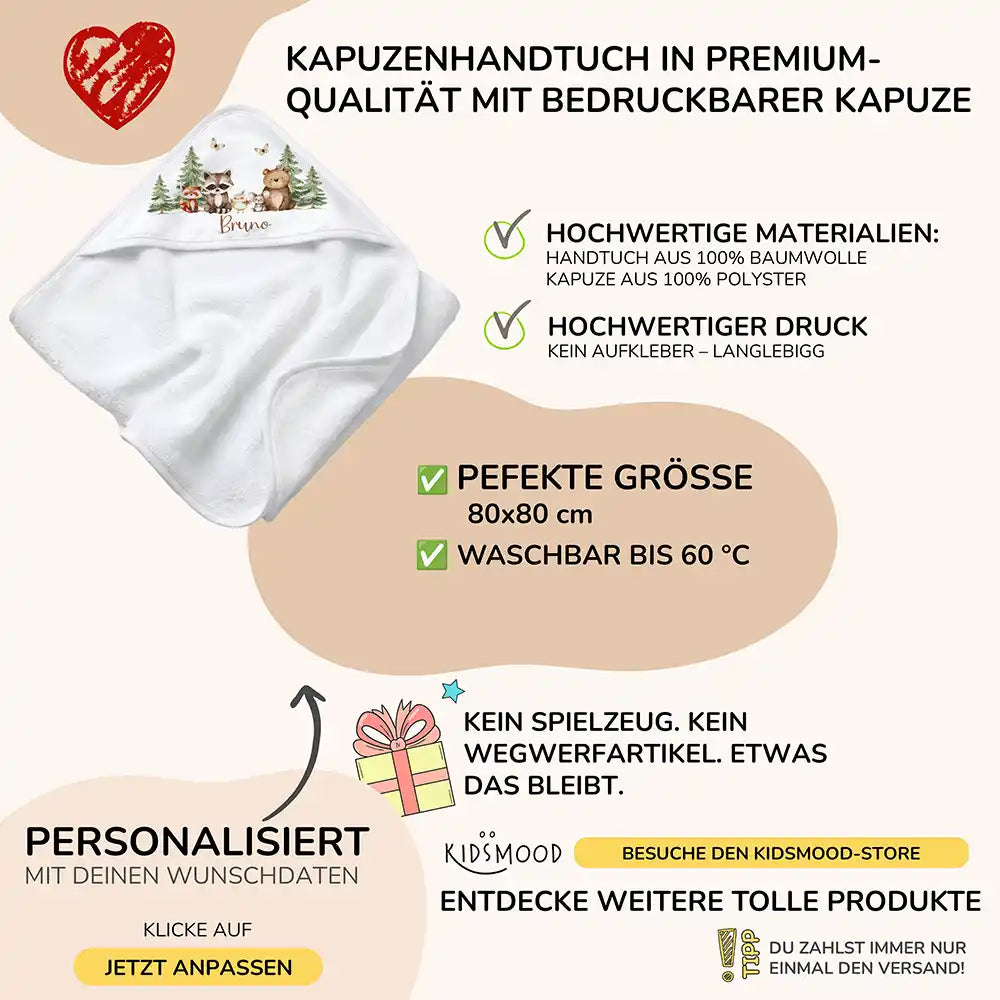 Personalisiertes Kapuzenhandtuch Baby Waldfreunde Bande â Boho-Flatlay mit Palmblatt-Akzent