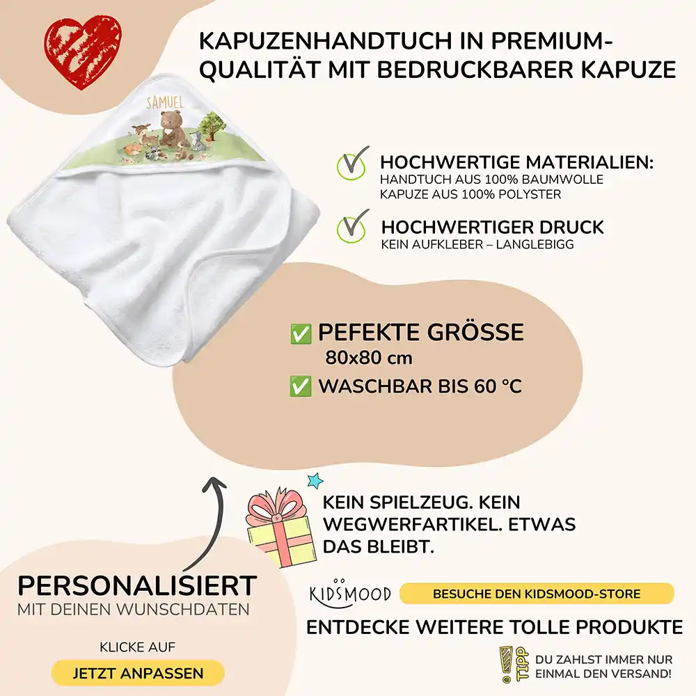 Personalisiertes Kapuzenhandtuch Baby Waldparade â Boho-Flatlay mit Palmblatt-Akzent