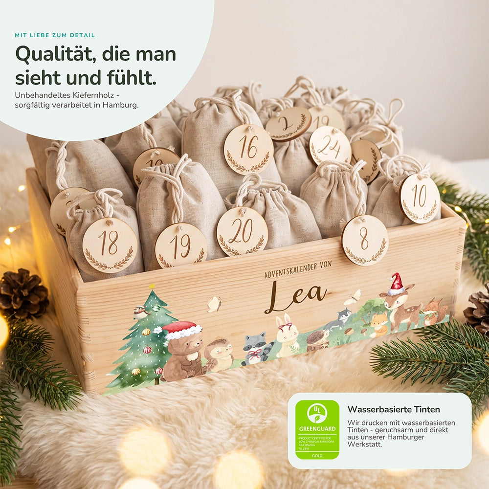 Adventskalender zum Befüllen "Weihnachten mit winterlichen Tierfreunden" personalisiert