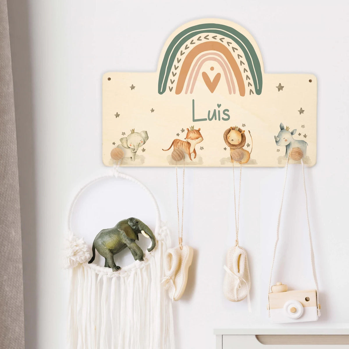 Kindergarderobe Holz personalisiert - Tier Familie