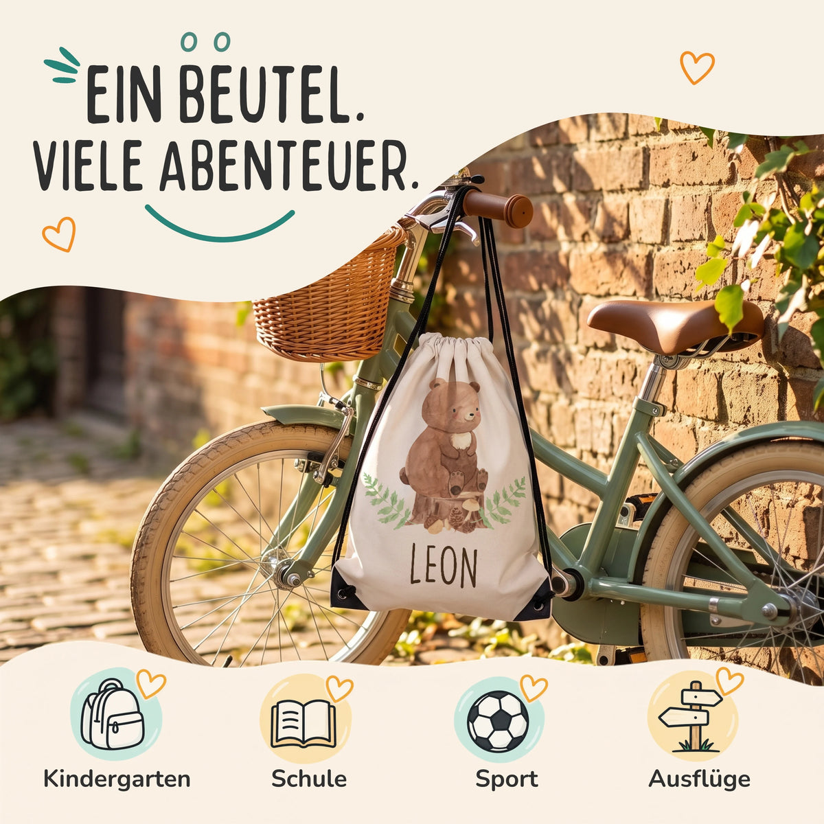 Personalisierter Turnbeutel BĂ€r, Sportbeutel fĂŒr Kindergarten, Schule, Sport und AusflĂŒge