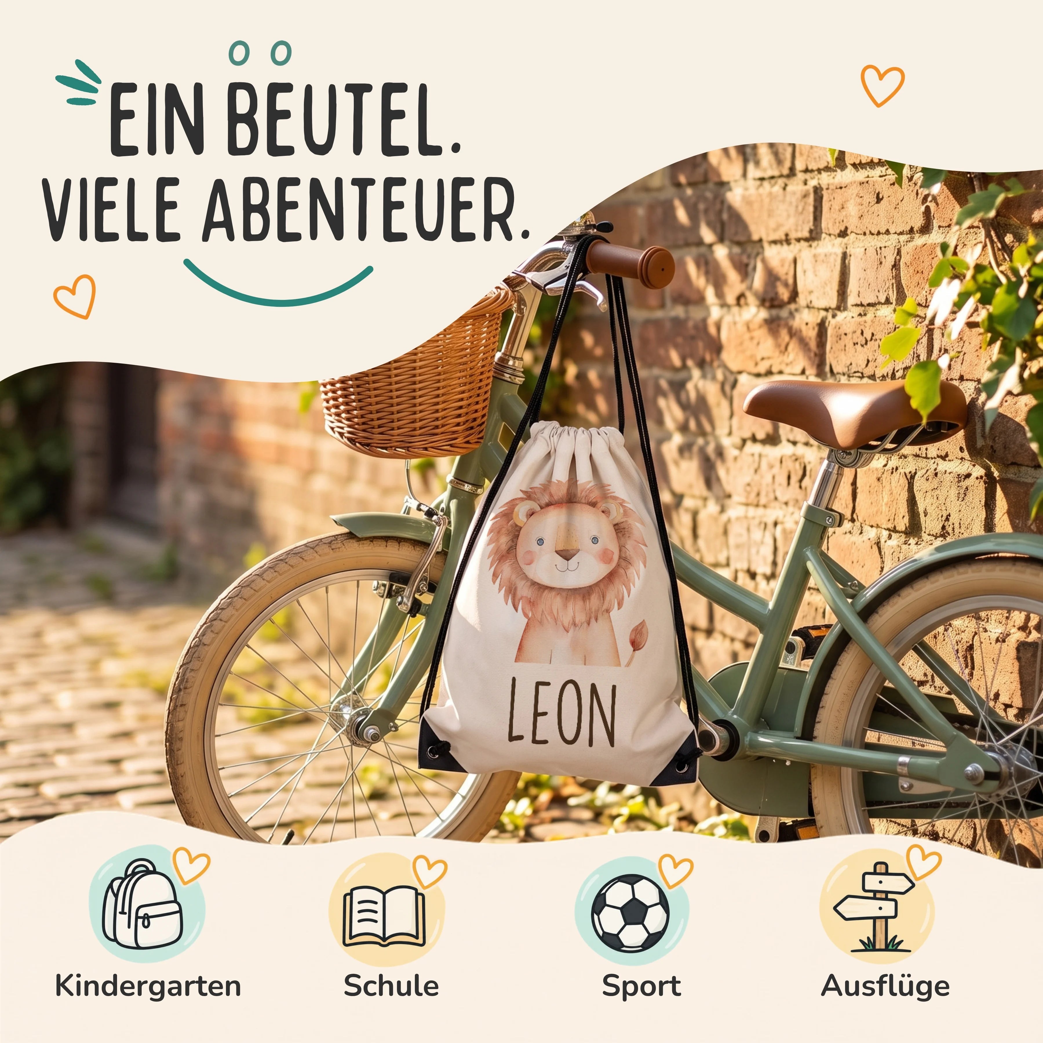 Personalisierter Turnbeutel Löwe, Sportbeutel fĂŒr Kindergarten, Schule, Sport und AusflĂŒge