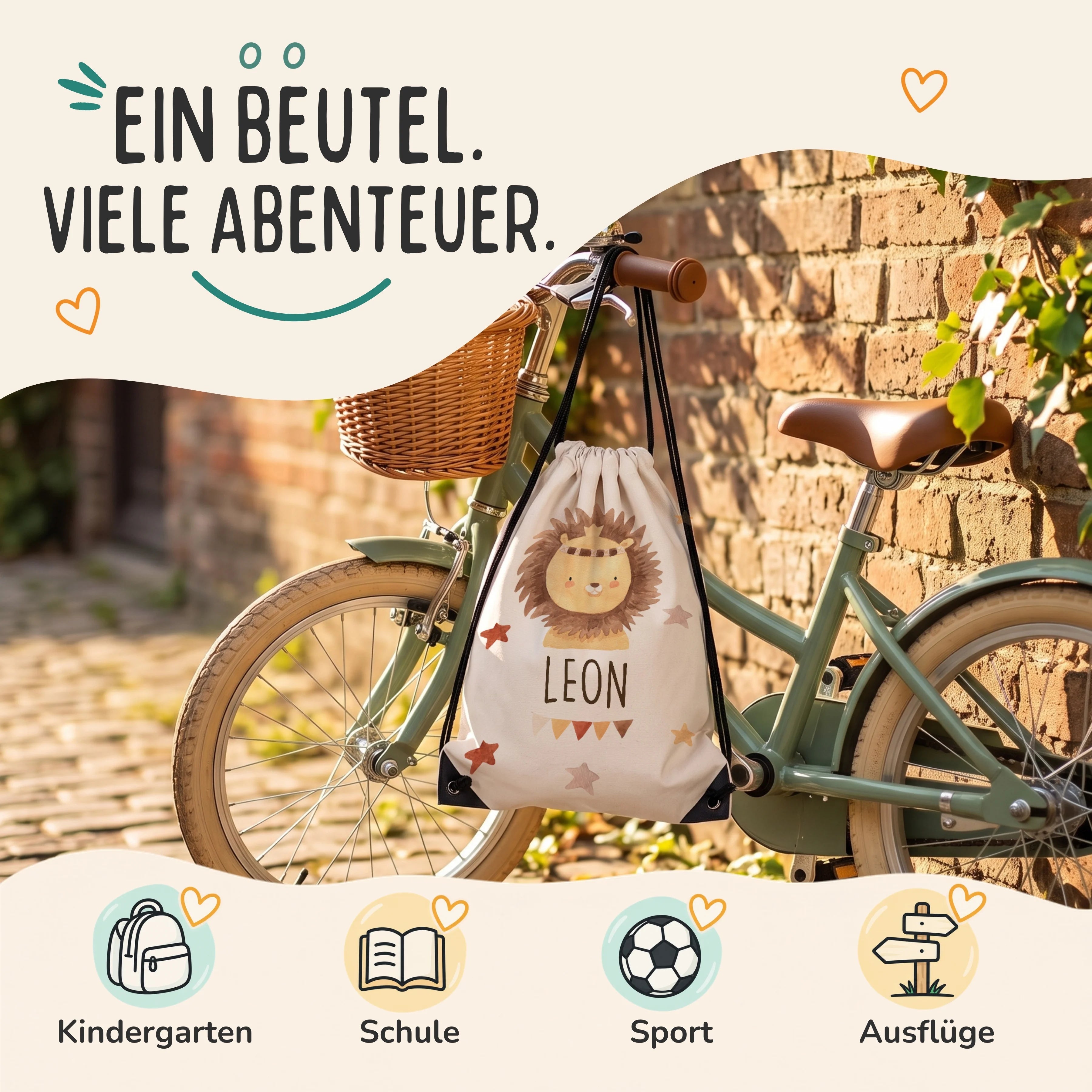 Personalisierter Turnbeutel Löwe mit Kranz, Sportbeutel fĂŒr Kindergarten, Schule, Sport und AusflĂŒge