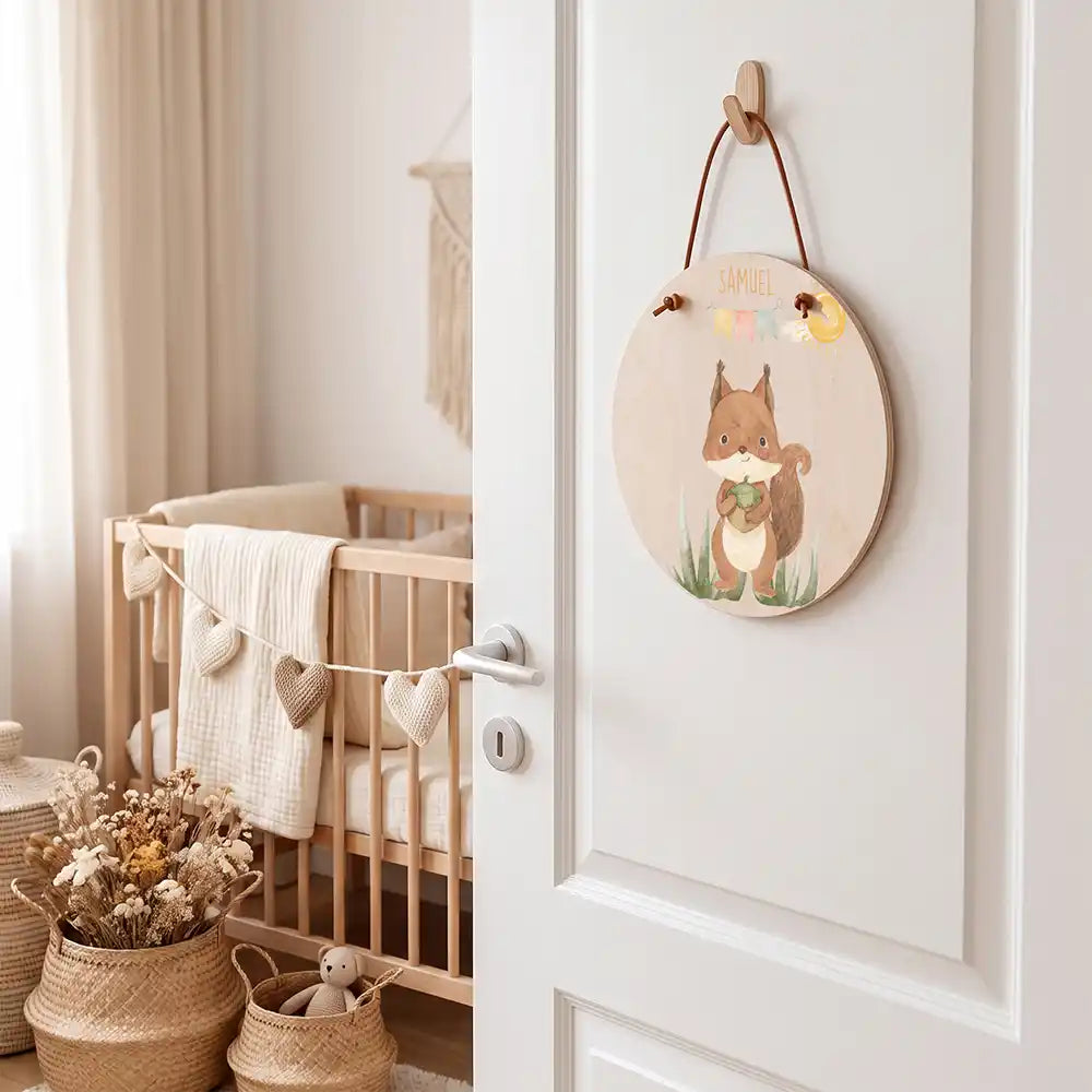 Türschild Kinderzimmer Eichhörnchen mit Wimpelkette, aufgehängt an der Kinderzimmertür
