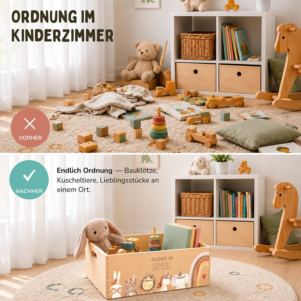 Spielzeugkiste personalisiert mit Namen - Boho Tiere