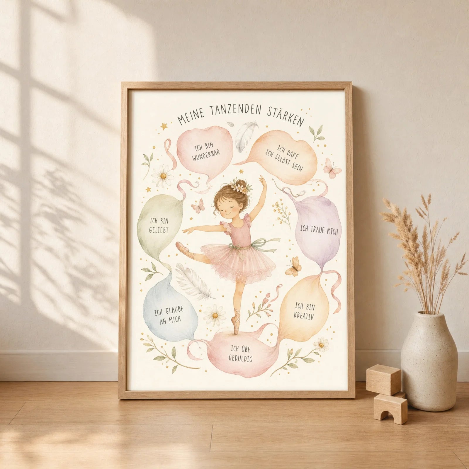 Affirmationsposter Kinderzimmer Tanzende StÀrken, gerahmt im Format 30 x 40 cm
