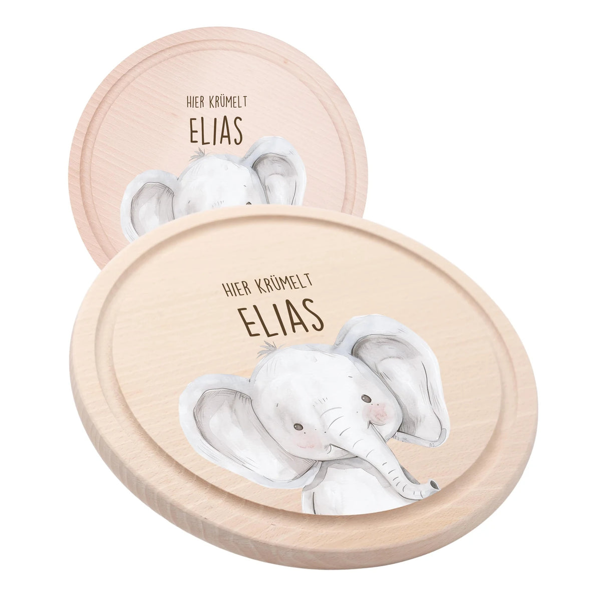 Rundes personalisiertes Frühstücksbrettchen Elefant mit Namen für Kinder