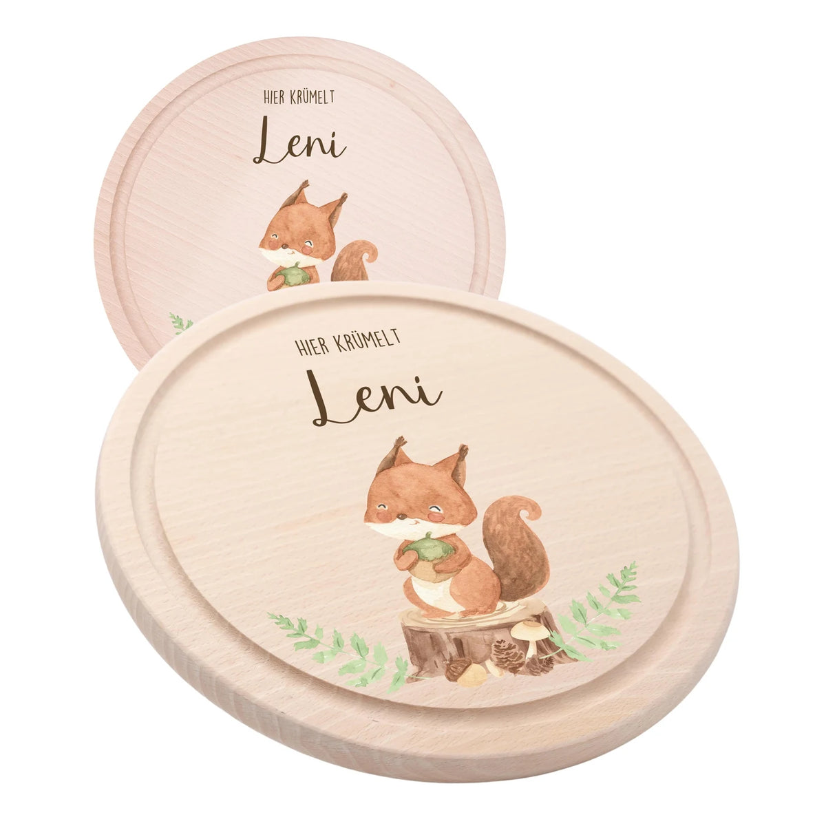 Rundes personalisiertes Frühstücksbrettchen Eichhörnchen mit Namen für Kinder