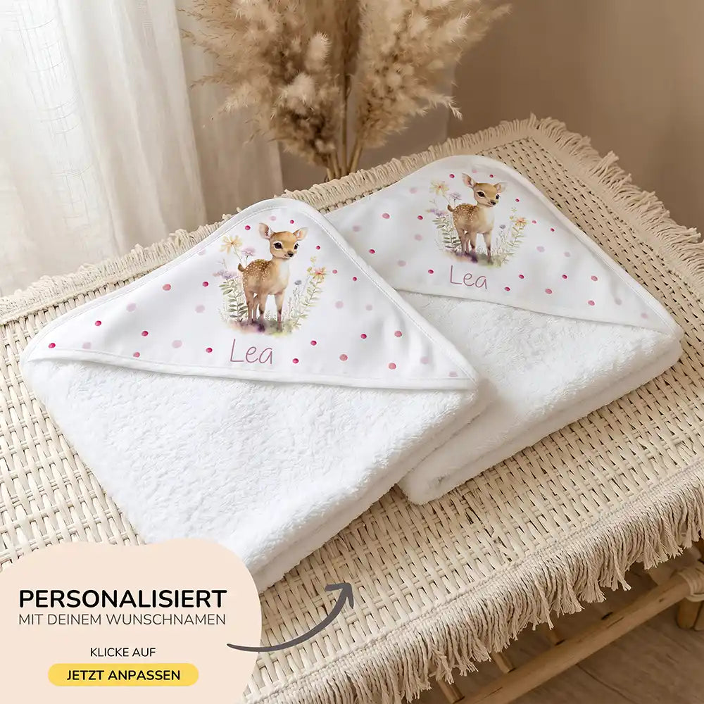 Personalisiertes Kapuzenhandtuch Baby Reh Wiese â 500 g/qm Baumwoll-Frottee Detail