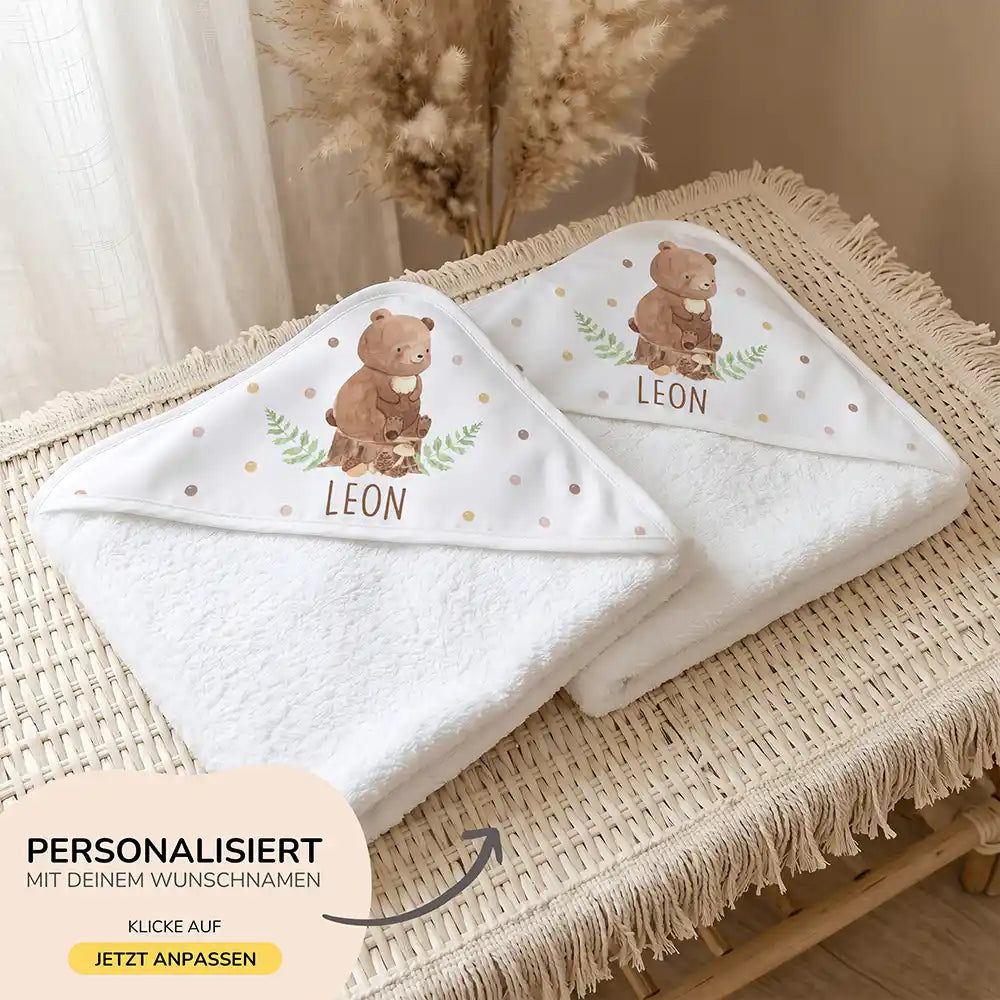 Personalisiertes Kapuzenhandtuch Baby BĂ€r Farn â 500 g/qm Baumwoll-Frottee Detail