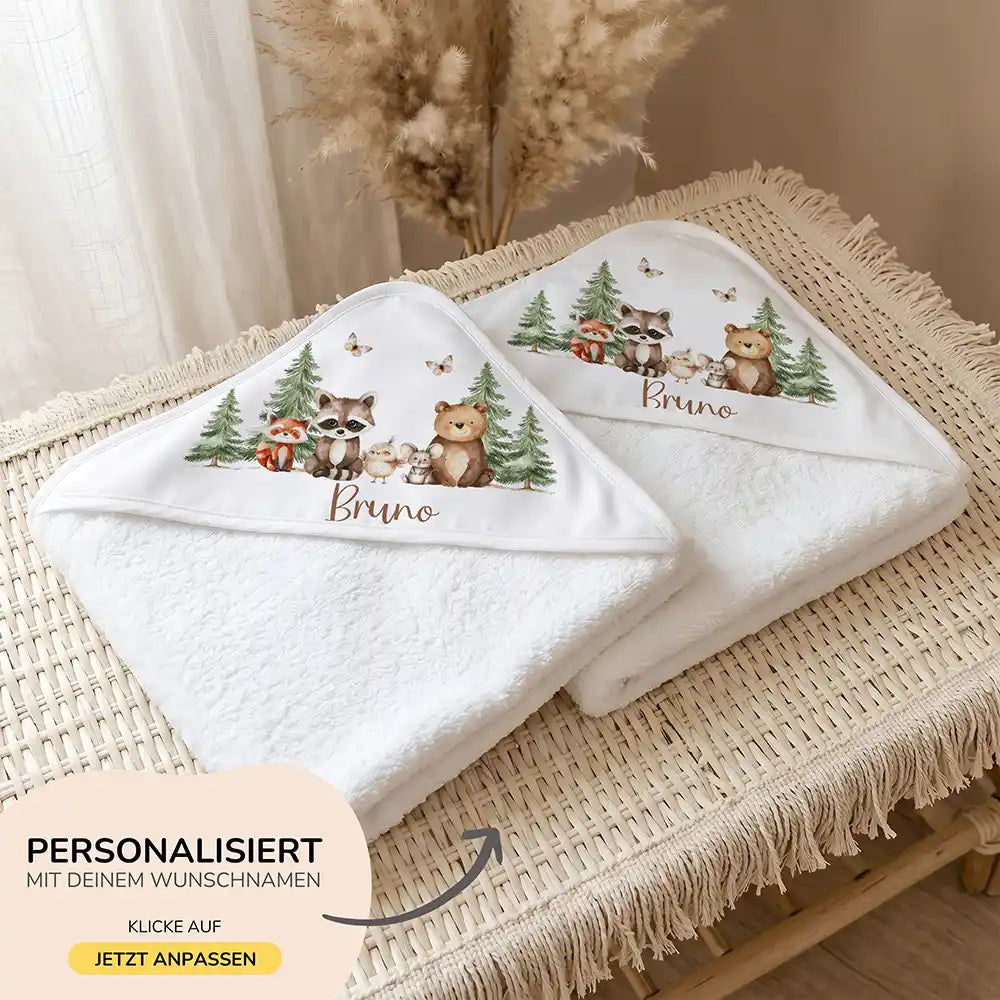 Personalisiertes Kapuzenhandtuch Baby Waldfreunde Bande â 500 g/qm Baumwoll-Frottee Detail