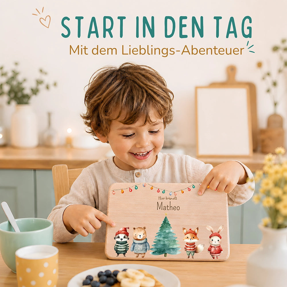 Frühstücksbrettchen Weihnachten mit Tieren und Lichterkette - Geschenk Weihnachten