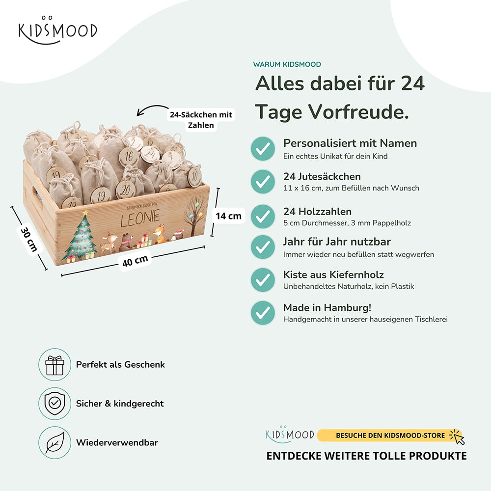 Adventskalender zum Befüllen "Waldtiere um den Weihnachtsbaum" personalisiert