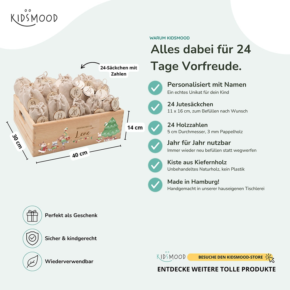 Adventskalender zum Befüllen "Tiere und Weihnachtsbaum" personalisiert