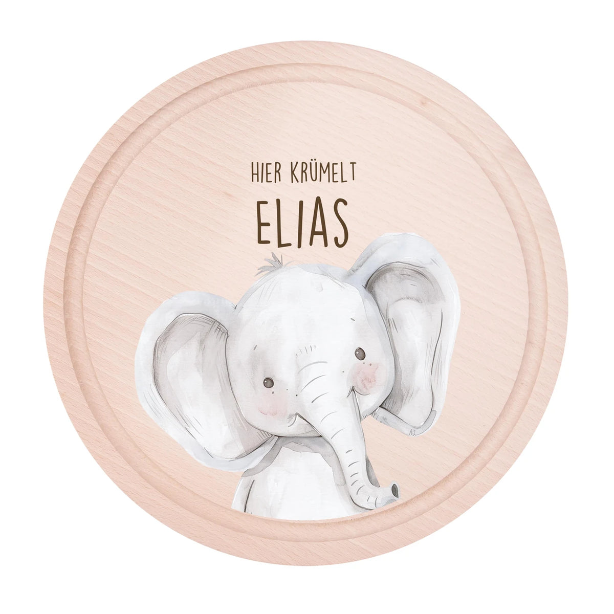 Rundes personalisiertes Frühstücksbrettchen Elefant mit Namen für Kinder