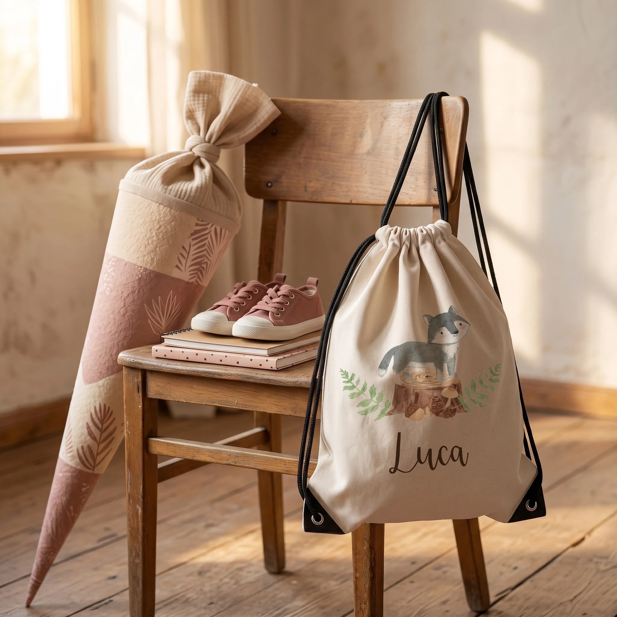 Personalisierter Turnbeutel Wolf, Geschenkidee zur Einschulung neben der Schultüte