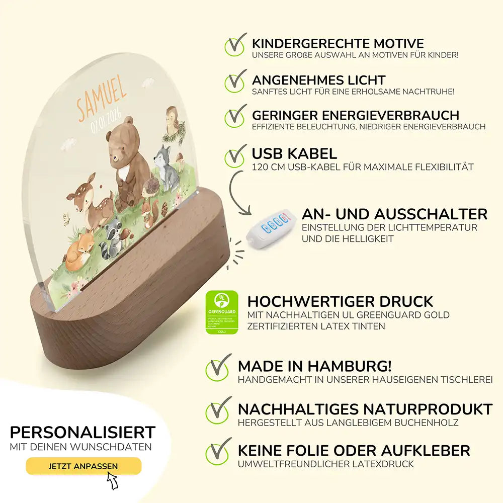 Nachtlicht Kinder personalisiert - Glückliche Waldfreunde