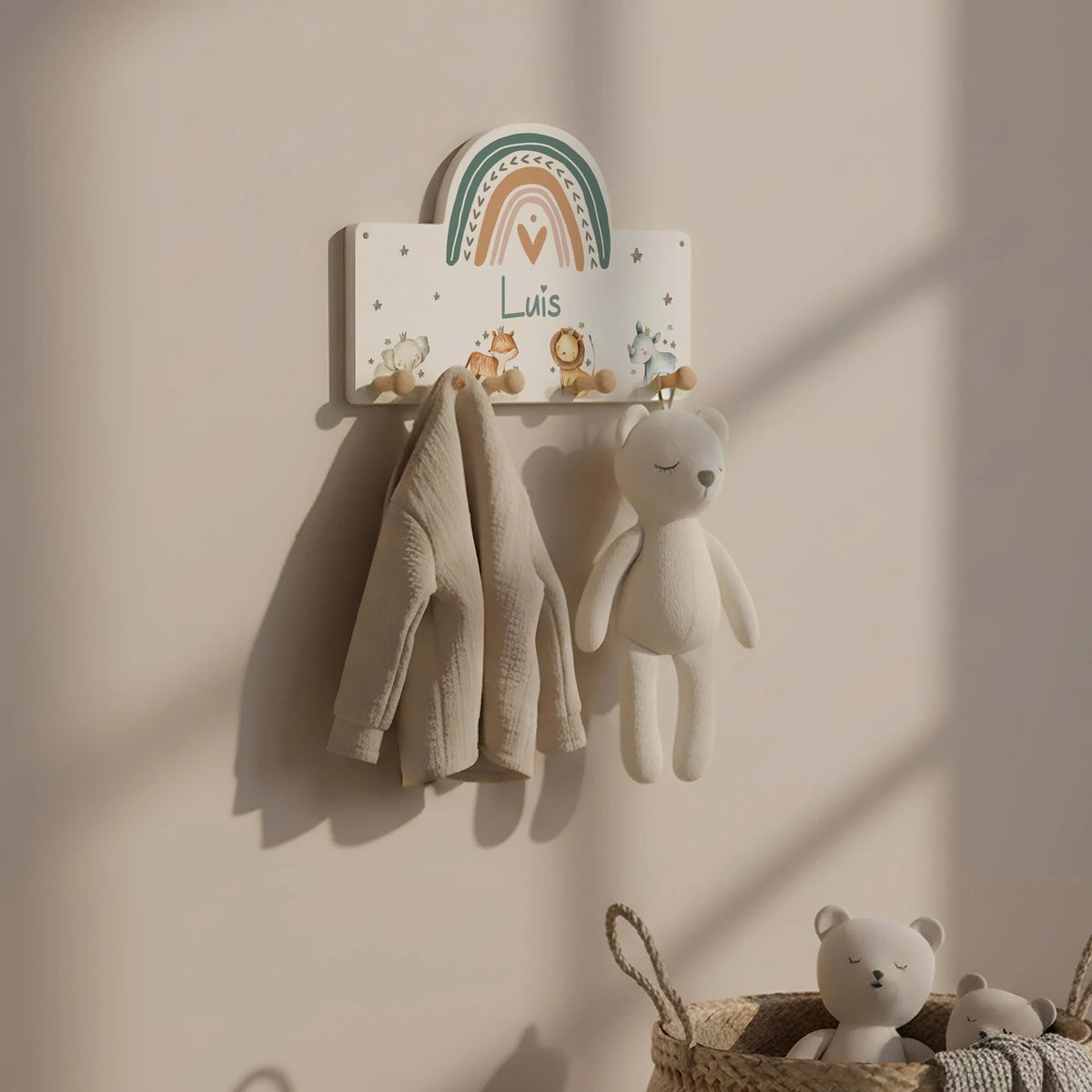 Kindergarderobe Holz personalisiert - Tier Familie