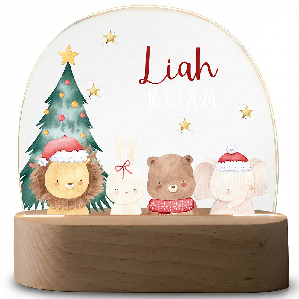 Nachtlampe Weihnachten mit Namen ausgeschaltet – klares Acrylglas auf Holzsockel