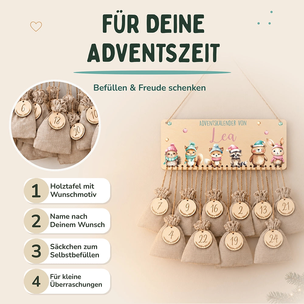Personalisierbarer Adventskalender farbig - Weihnachtliche Tierfamilie