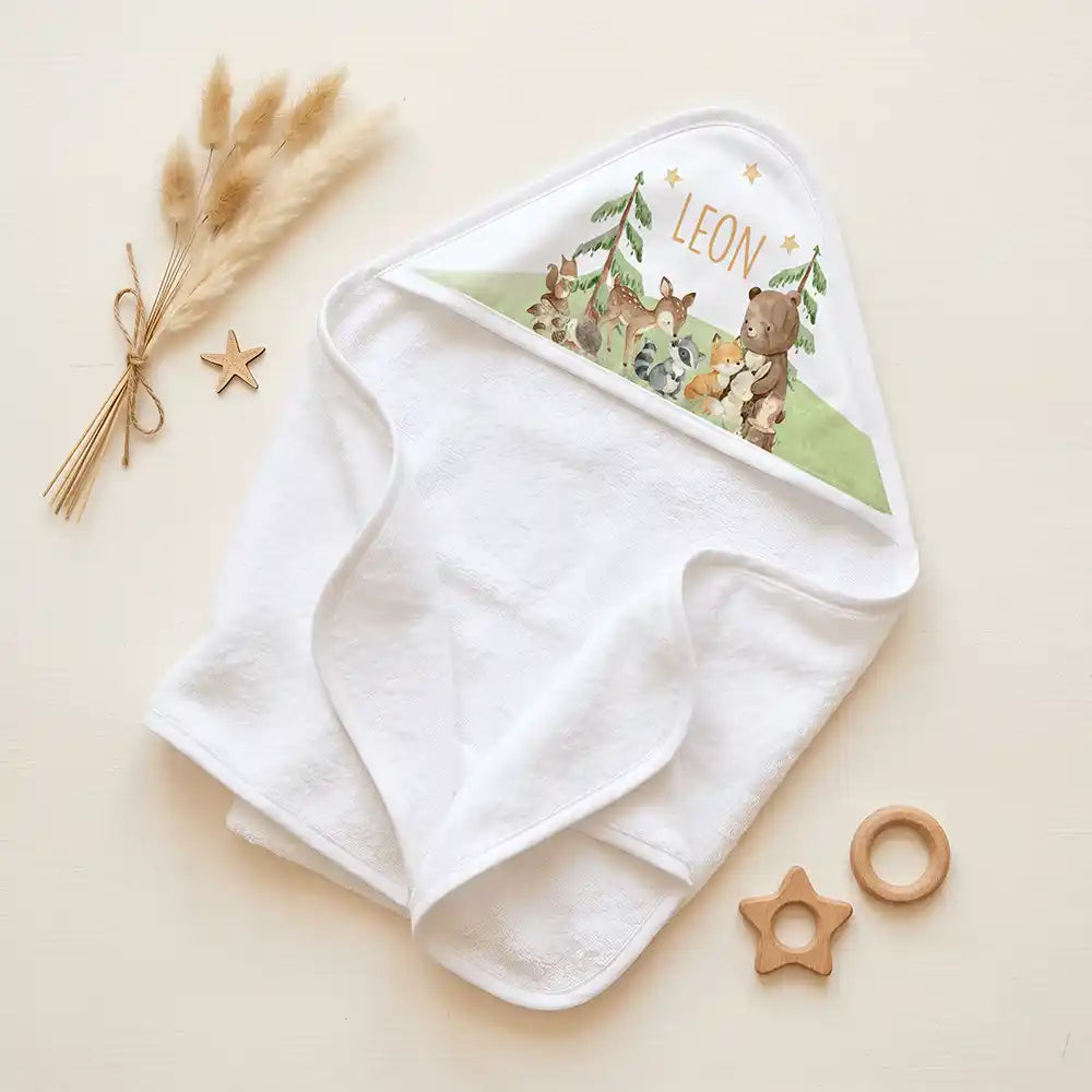 Personalisiertes Kapuzenhandtuch Baby Waldfest â Set fĂŒr Zwillinge im Rattan-Look