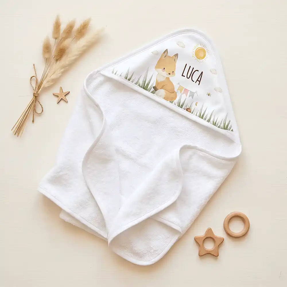 Personalisiertes Kapuzenhandtuch Baby Fuchs Wiese â Set fĂŒr Zwillinge im Rattan-Look