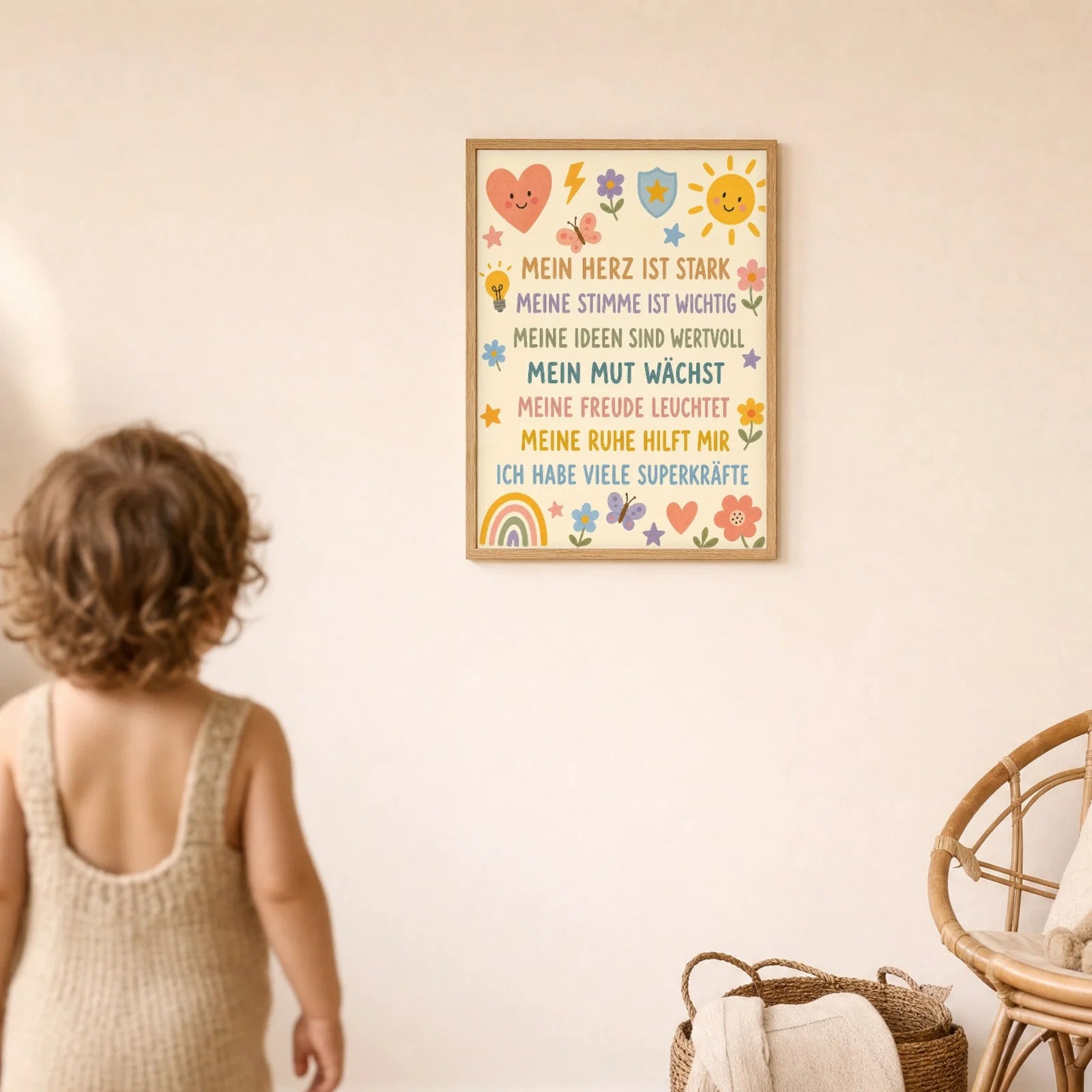Affirmationsposter Kinderzimmer Blumenwiese SuperkrÀfte, im Detail auf 300 g Papier