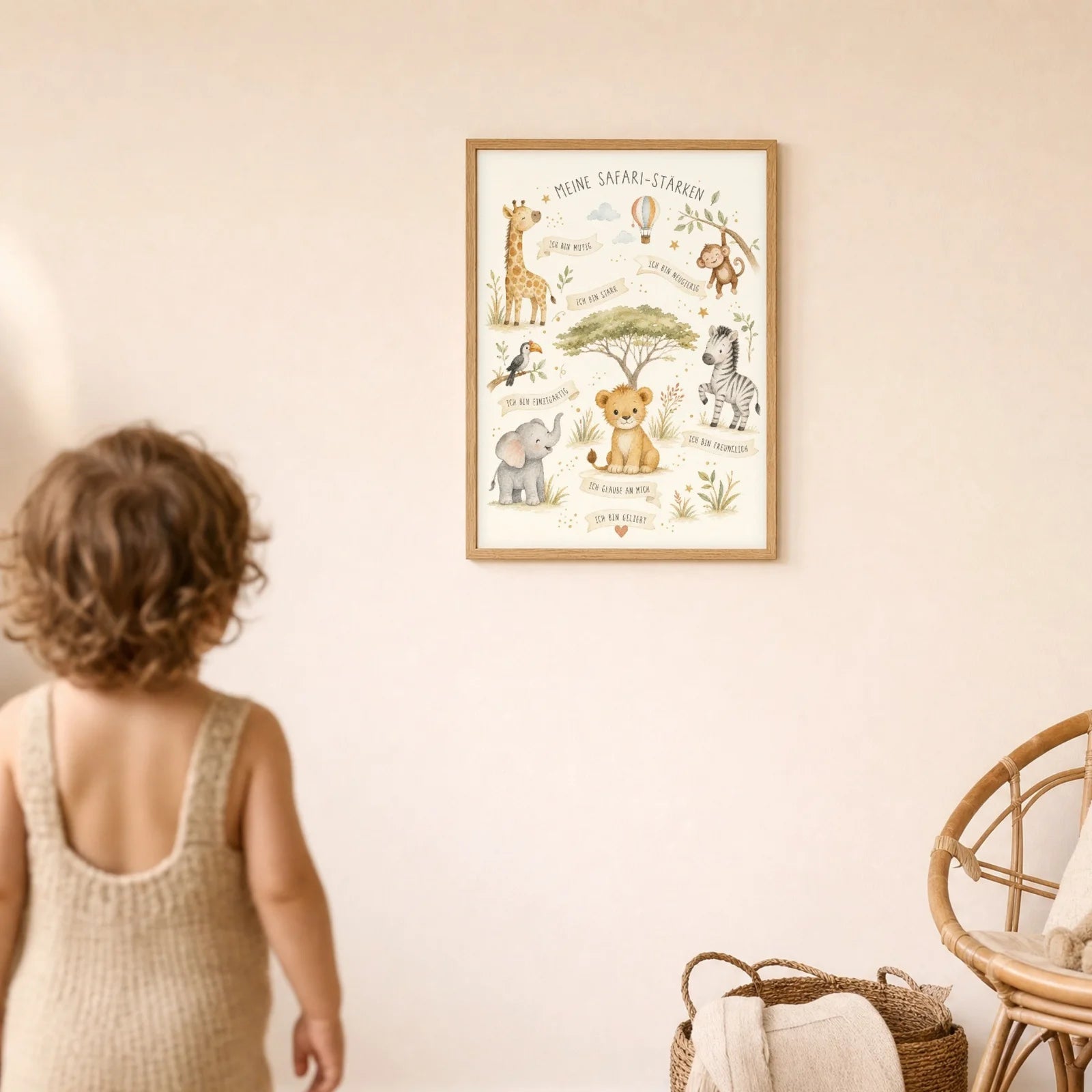 Affirmationsposter Kinderzimmer Safari-StÀrken, im Detail auf 300 g Papier