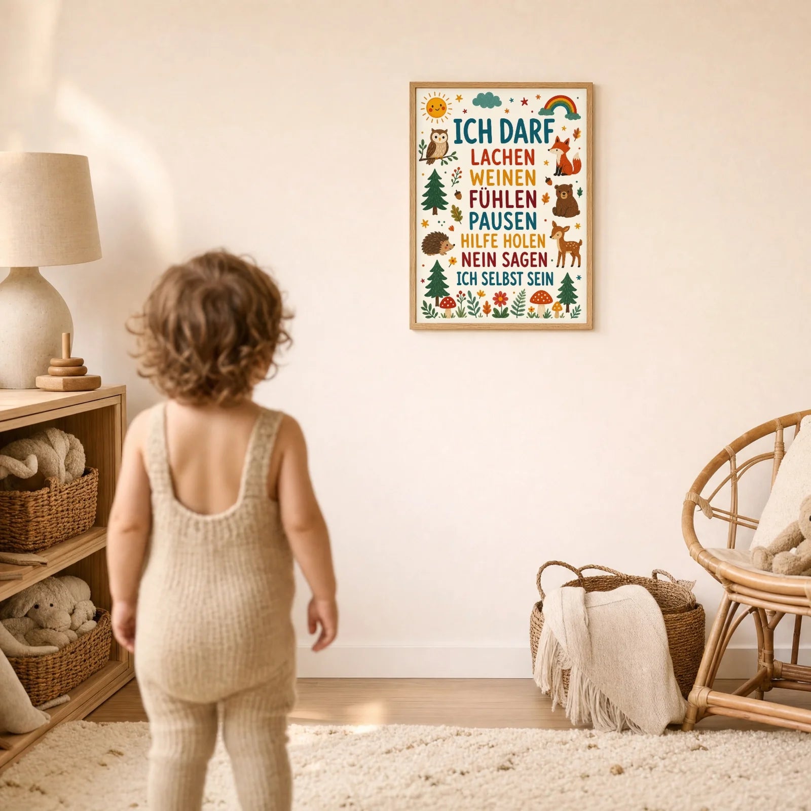 Affirmationsposter Kinderzimmer Wald Ich darf lachen, im Detail auf 300 g Papier