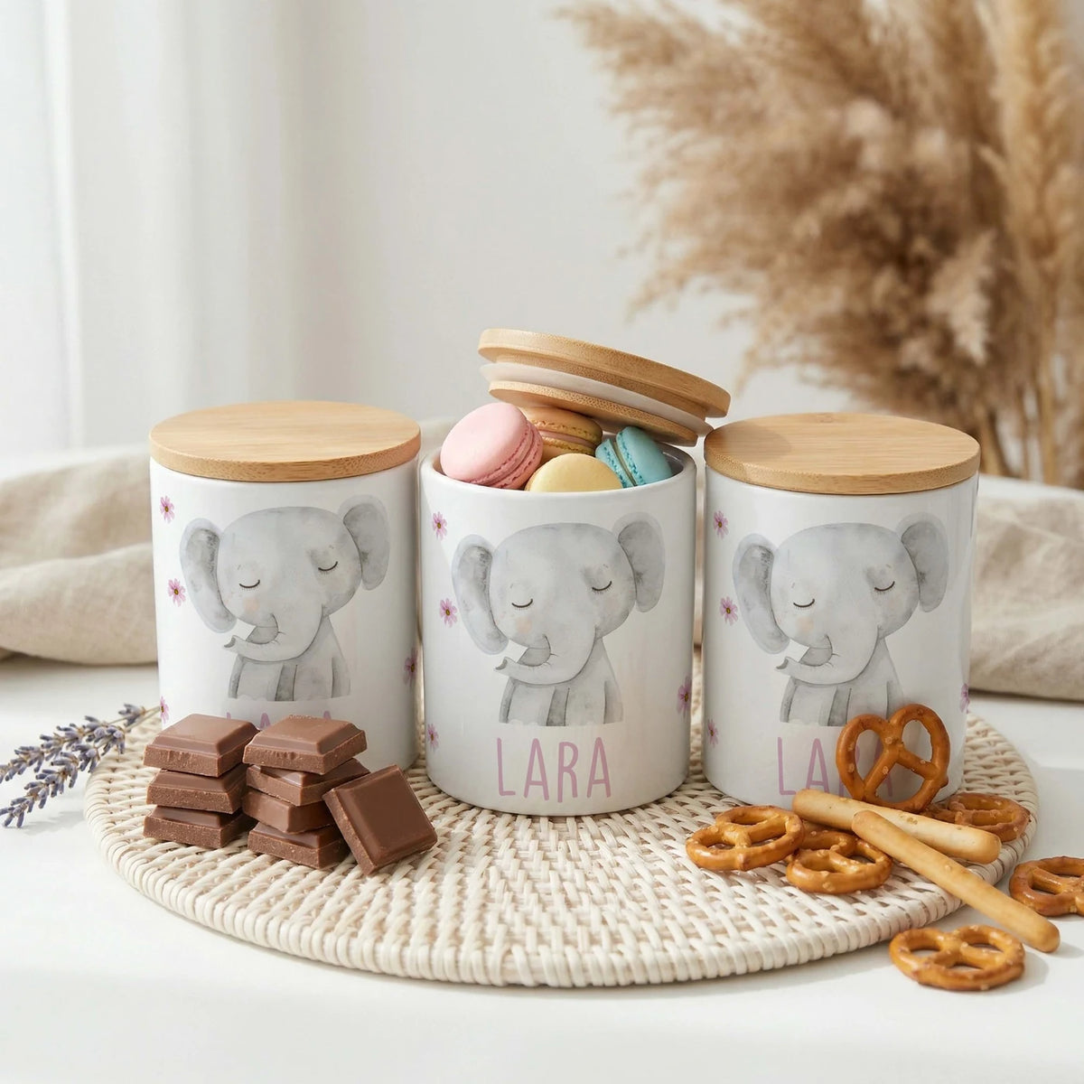Personalisierte Keksdose Elefant Blumen – Keramik & Bambus mit Wunschname