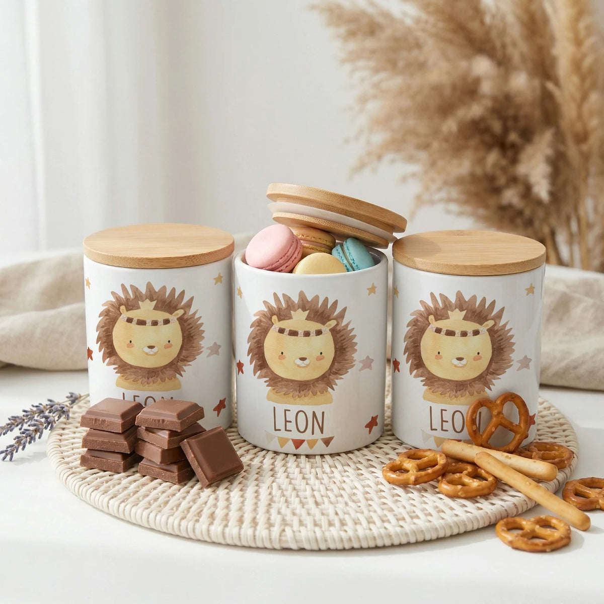 Personalisierte Keksdose Löwe Boho â Keramik & Bambus mit Wunschname