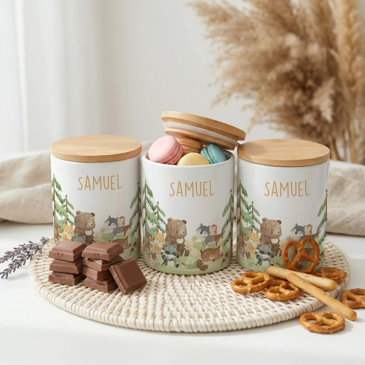 Personalisierte Keksdose Waldfreunde II – Keramik & Bambus mit Wunschname