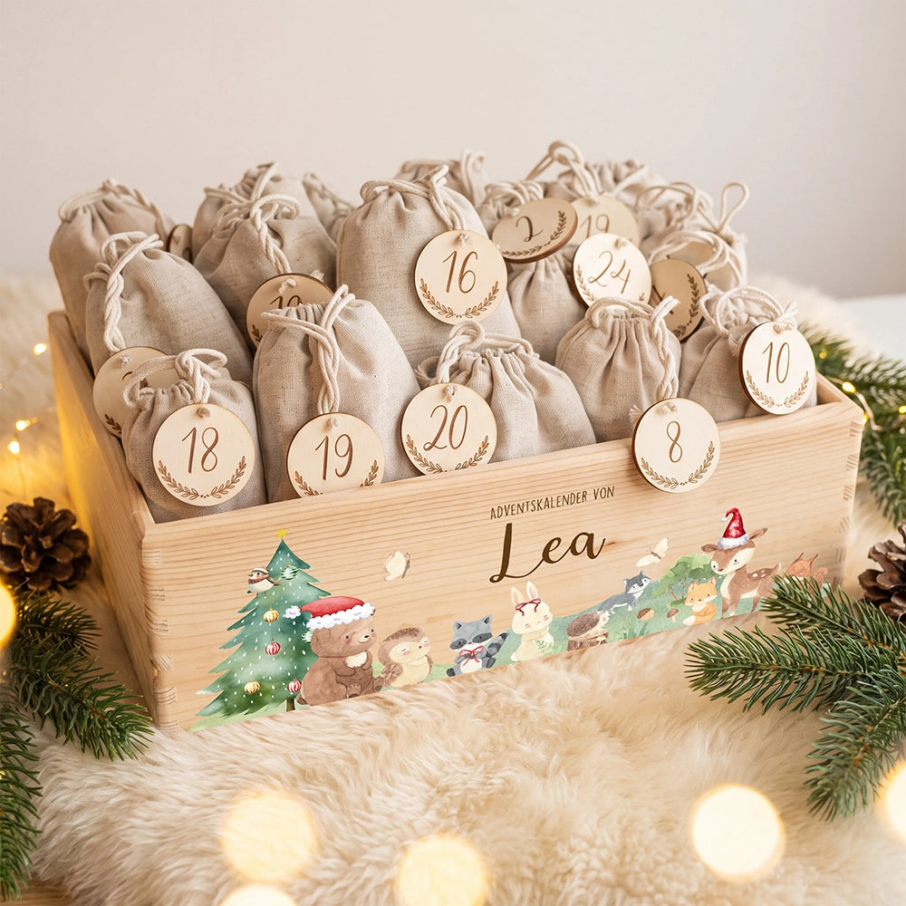 Adventskalender zum Befüllen "Weihnachten mit winterlichen Tierfreunden" personalisiert