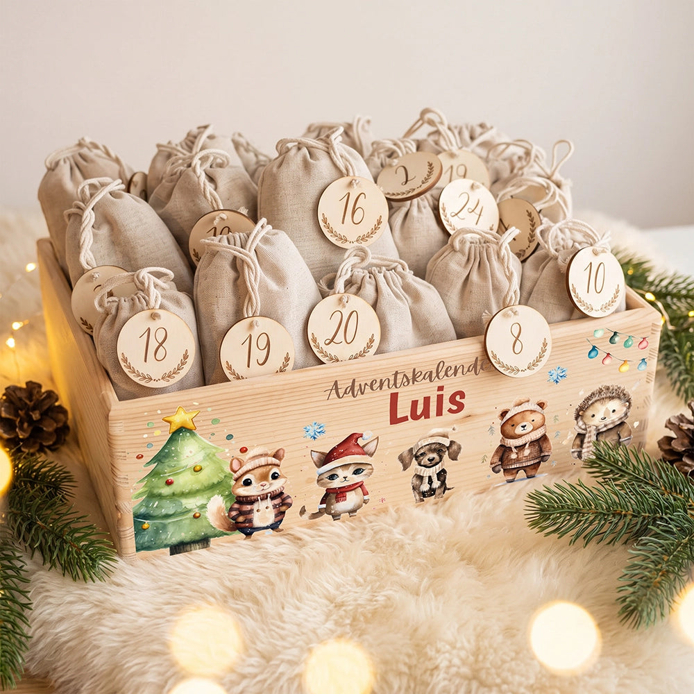 Personalisierter Adventskalender zum BefĂĽllen - Tierfamilie im Winterwald