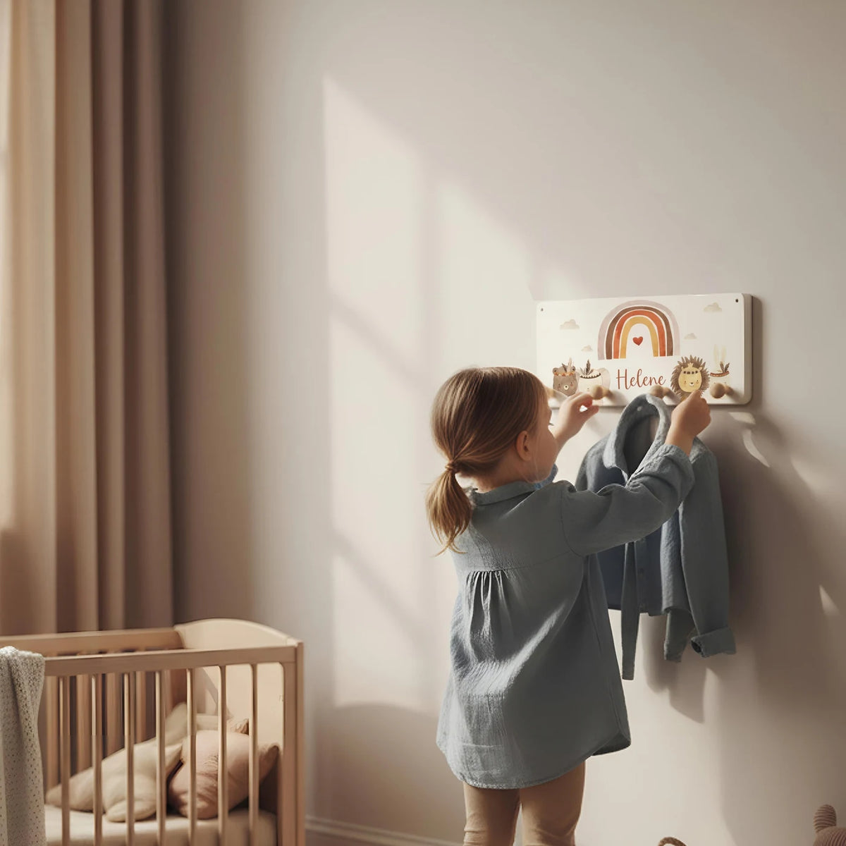 Kindergarderobe Holz personalisiert - Boho Regenbogen & Tiere