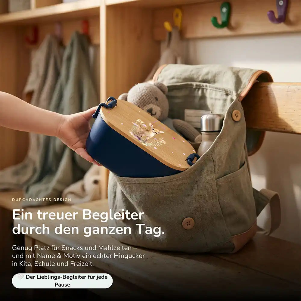 Brotdose Kinder personalisiert Rehkitz mit Blumen, Lunchbox mit Snacks und Obst