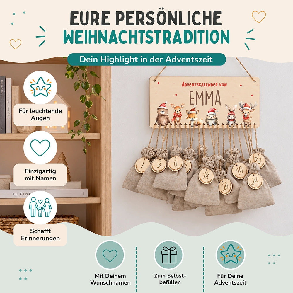 Personalisierbarer Adventskalender farbig - Winterliche Tierfamilie