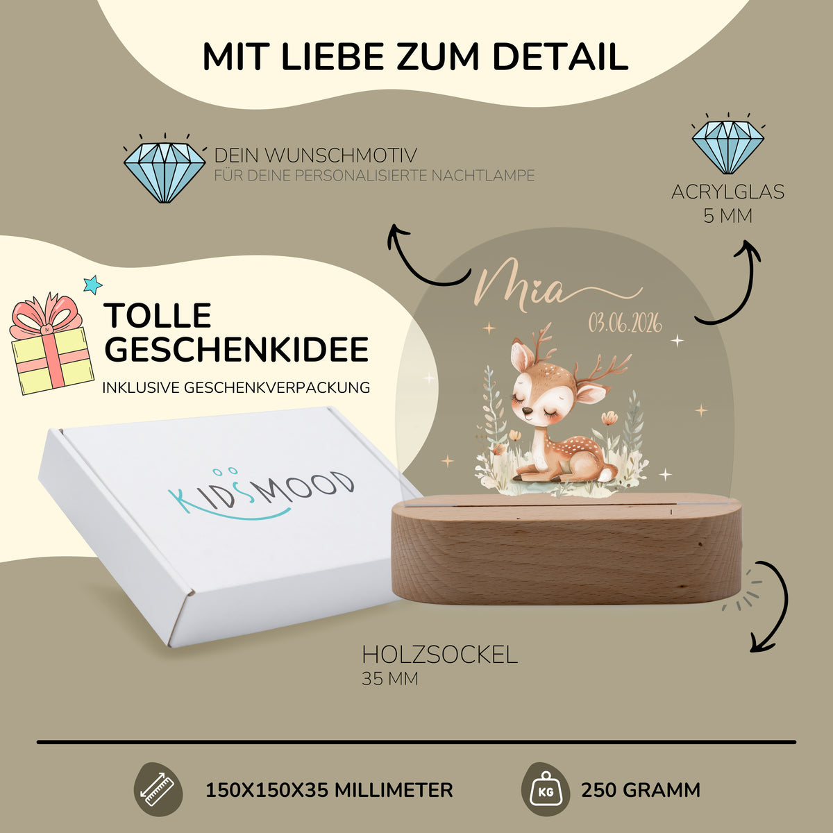Nachtlicht Kinder personalisiert - Baby Reh im Wald