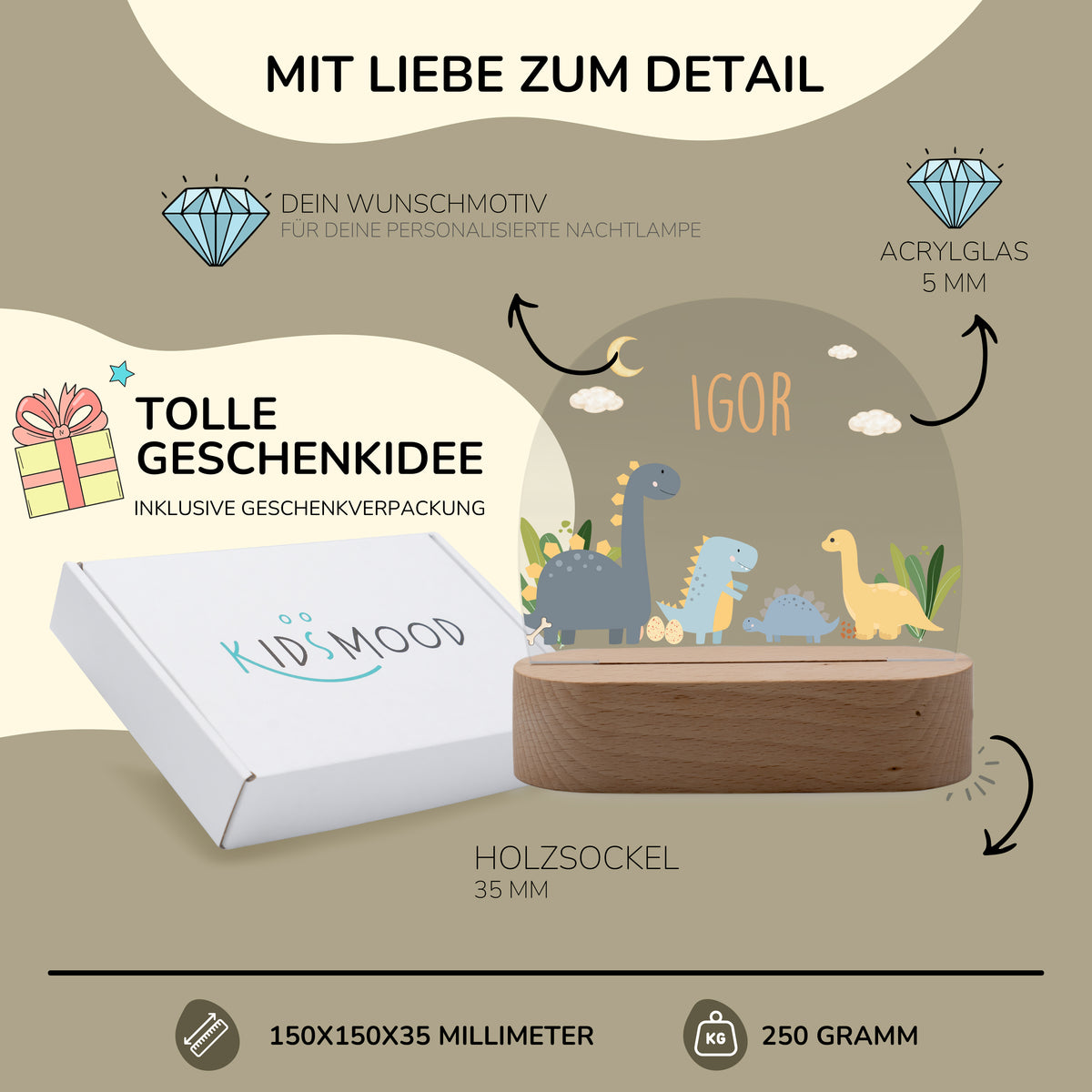 Nachtlicht Kinder personalisiert - Süße Dinosaurier