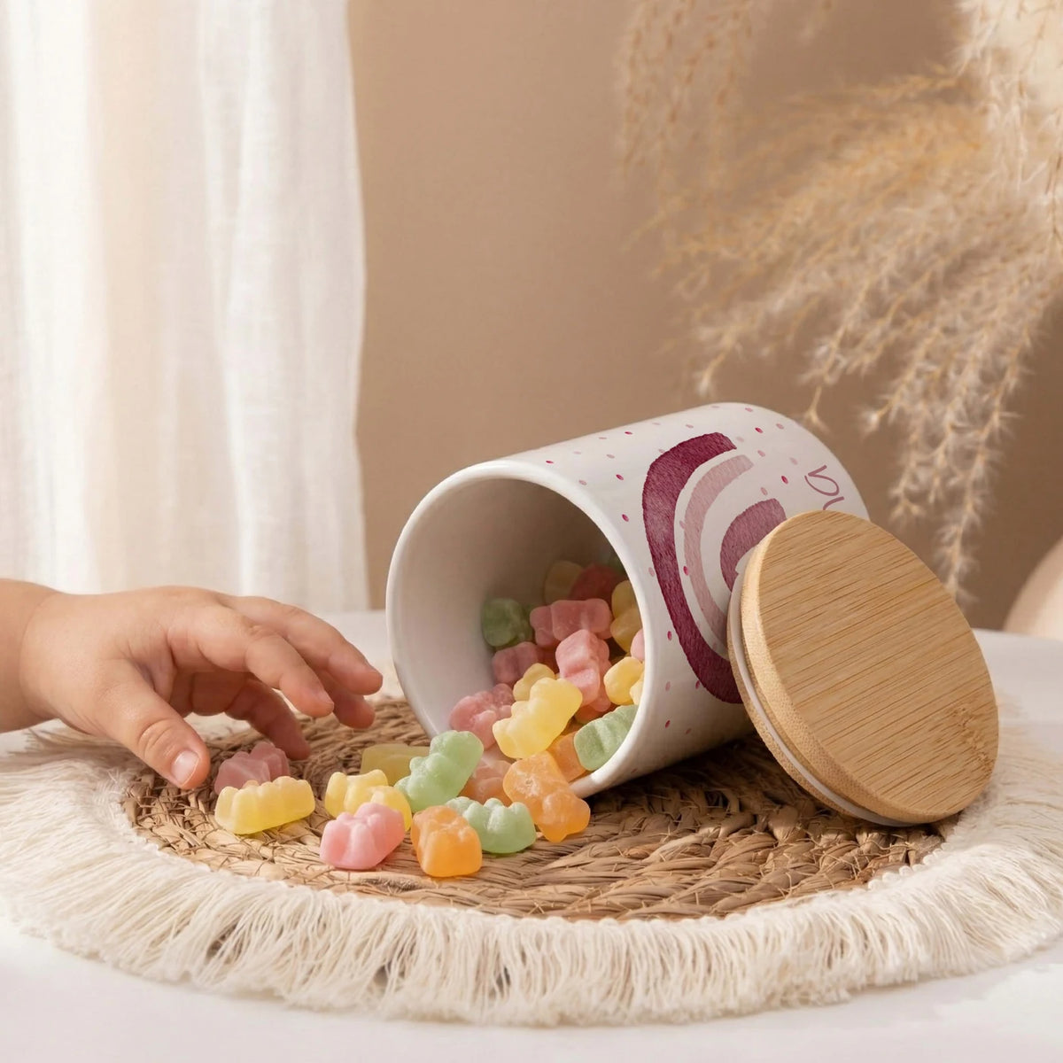 Personalisierte Keksdose Regenbogen Rosa – Keramik & Bambus mit Wunschname
