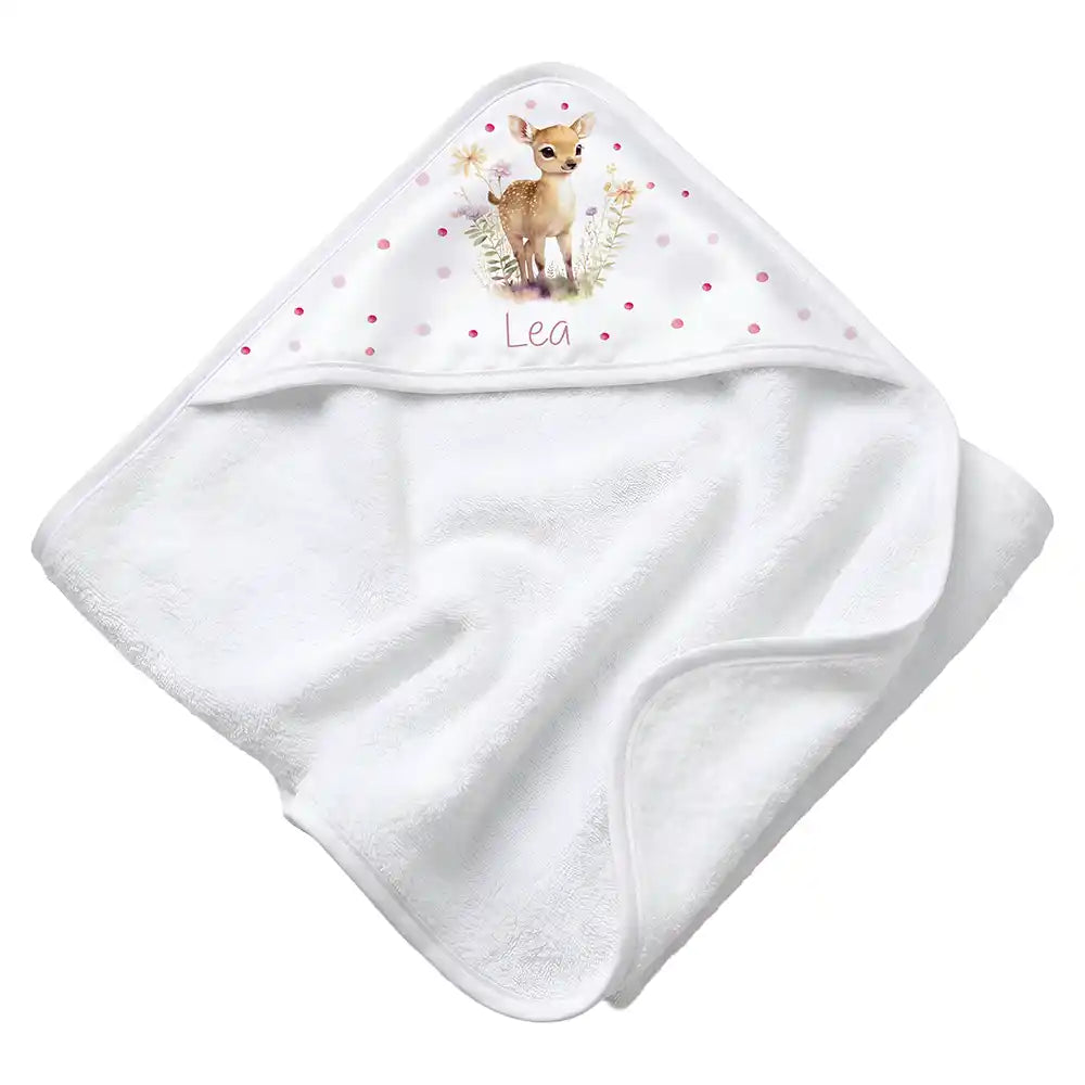 Personalisiertes Kapuzenhandtuch Baby Reh Wiese â Rattan-Untergrund Produktdetail