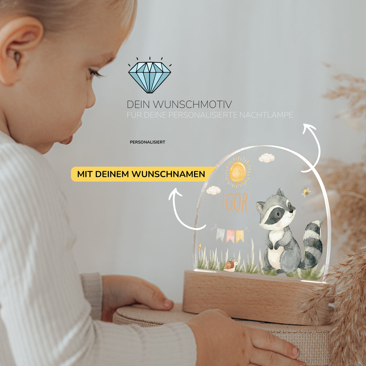 Nachtlicht Kinder personalisiert - Fröhlicher Waschbär