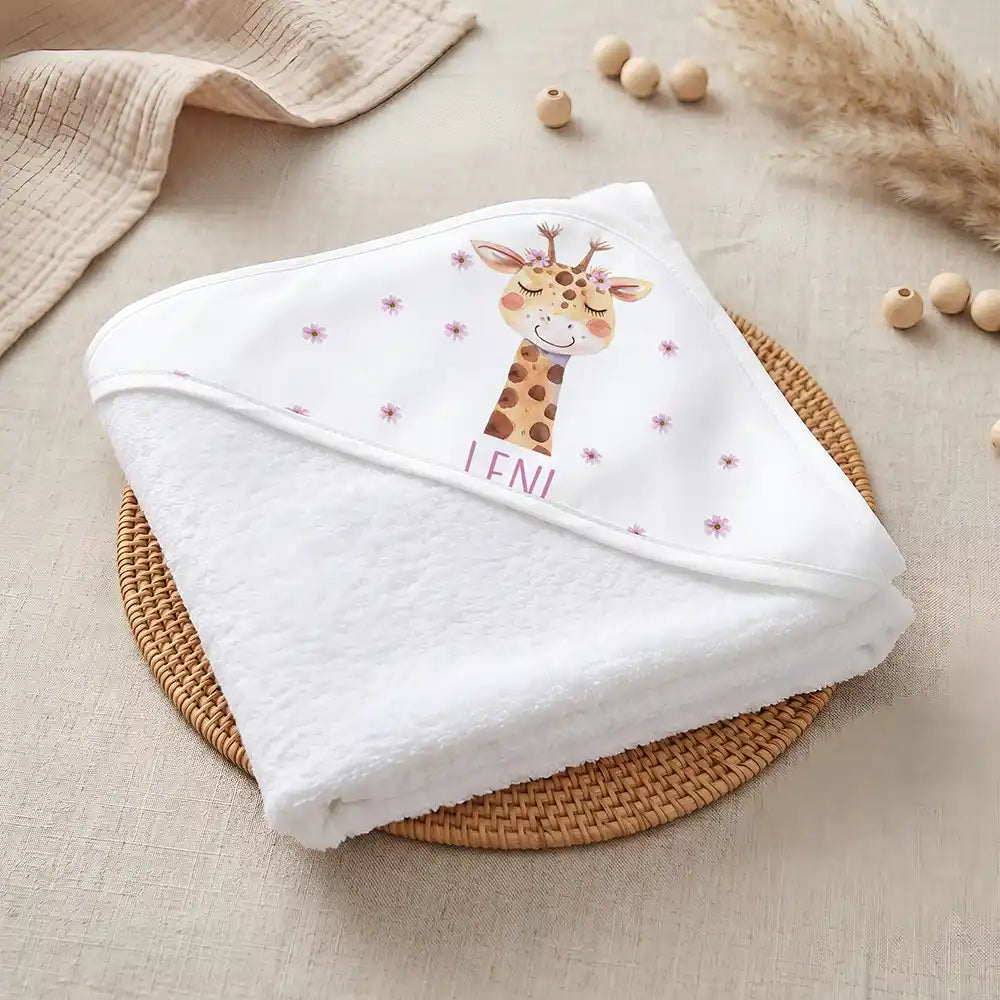 Kidsmood Familienbetrieb Hamburg â Personalisiertes Kapuzenhandtuch Baby Giraffe BlĂŒten