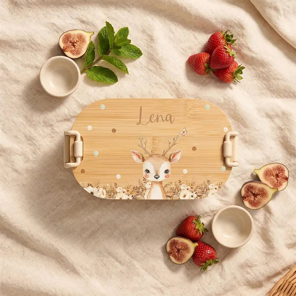 Brotdose Kinder personalisiert Rehkitz Boho, Brotdose beige in der Kita mit Wunschname