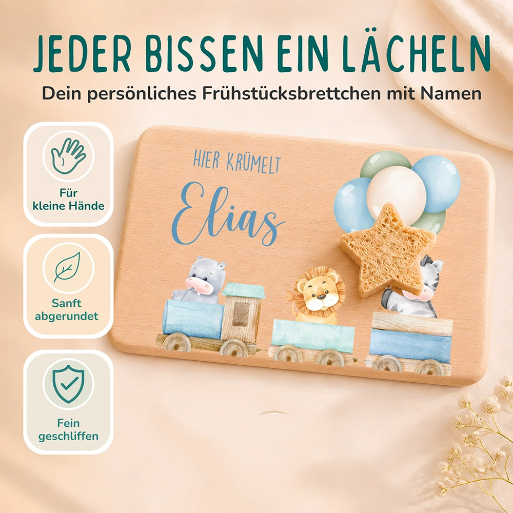 Frühstücksbrettchen Holz personalisiert Tiere Eisenbahn