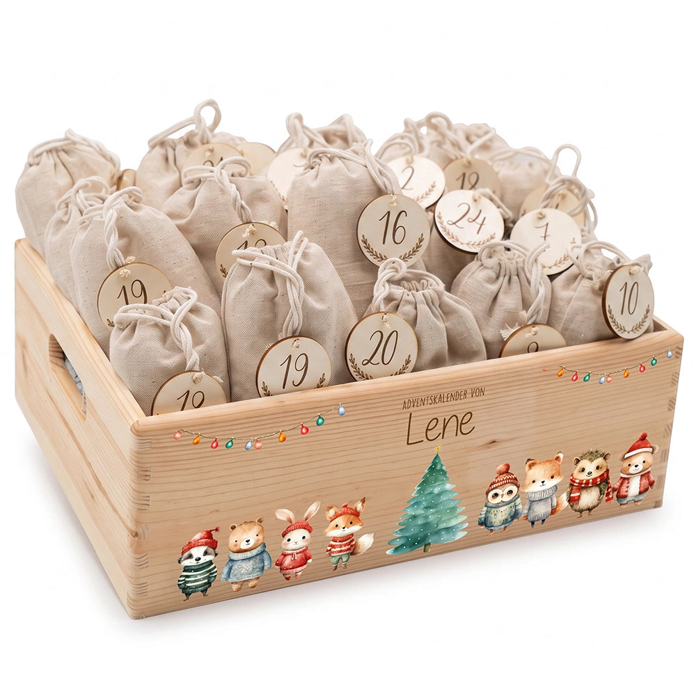 Adventskalender zum Befüllen "Weihnachten mit Tieren und Lichterkette" personalisiert