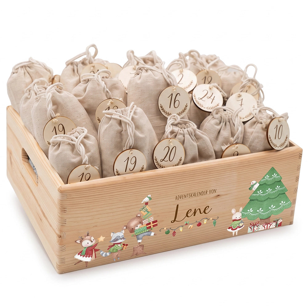 Adventskalender zum Befüllen "Tiere und Weihnachtsbaum" personalisiert