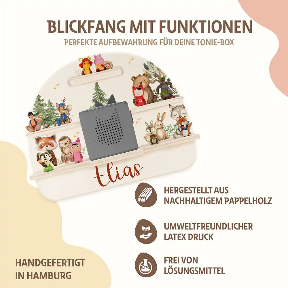 detailansicht der fröhlichen waldtier motive auf dem tonieregal